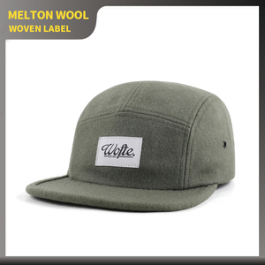 Casquettes de camping à 5 panneaux en laine Melton à bord plat, personnalisées OEM ODM, avec étiquette tissée, unisexes, chaudes pour l'hiver, réglables, pour la course à pied - Product Image 1