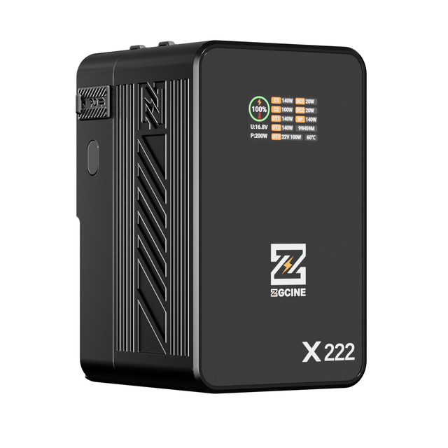 ZGCINE ZG-X222 V-Mount Battery 222Wh, PD3.1 140W Input/Output, with Dual USB-C, 3-D-TAP, Dual DC Port, 1.4in Digital Display