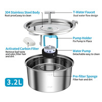 Fontaine à eau pour animaux de compagnie en acier inoxydable, ultra silencieuse, 3,2 L, fontaine à boire pour chat, USB, filtre quadruple, qualité alimentaire 304