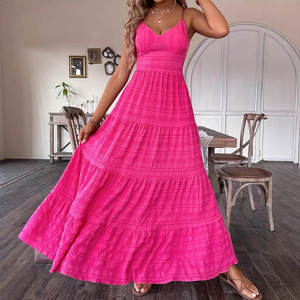 Vente directe d'usine couleur unie col en V sangle Style Spaghetti longue robe décontracté été parole longueur dentelle naturel avant lavable - Product Image 4