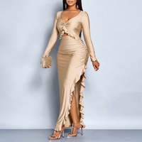 Robe de soirée en satin doré à manches longues, col en V, nœud froncé à volants, fente, moulante, élégante, pour soirée de bal, sexy
