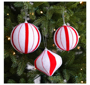 Ornements de Noël en mousse rouge et blanche scintillante en forme de larme LINGKAI, boules rayées avec nœud pour la décoration suspendue de l'arbre de Noël - Product Image 6