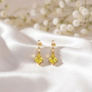 Natural Lemon Quartz Faceted Kite Shape <b>Earrings</b> with Cubic Zirconia <b>Stud</b> Drop Design in 925 Sterling <b>Silver</b> Handmade Minimalist - Product Image 3