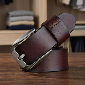 Ceinture vintage en cuir de vachette avec boucle carrée en acier, haute résistance, imperméable, logo imprimé par transfert thermique, largeur 3,8 cm, longueur 138 cm, BS - Product Image 1