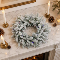 Karangan Bunga Natal Pinus Berumbai 50cm, Karangan Bunga Bersalju dengan Lampu LED Opsional untuk Hiasan Rumah Natal