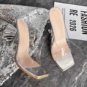 Mules transparentes de PVC con tacón alto, acrílico plateado, para fiesta, tacones de mujer, pantuflas. - Product Image 6