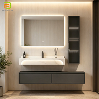 Meuble de salle de bain mural moderne en marbre avec vasque flottante en pierre frittée, meuble-lavabo avec armoire latérale et miroir LED