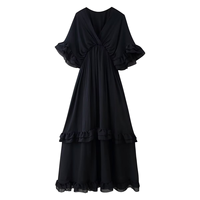 Robe longue décontractée pour femme, col en V, manches à volants, été 2026, noir et blanc