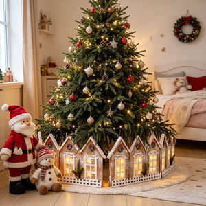 3D <b>Lighted</b> Collapsible Christmas Tree <b>Fence</b>, Wooden House Tree Skirt for Christmas Tree Base Decoration - Product Image 1