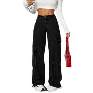 Jeans amples à jambes larges pour femmes avec nœuds décoratifs – Tendance - Product Image 1