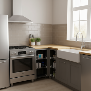 Armoire à une porte en lin Venus, 8 étagères, rangement de cuisine, design contemporain, chêne fumé - Product Image 2