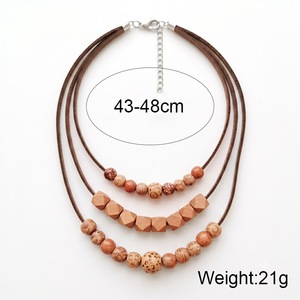 Boho Triple Strands Suede <b>Rope</b> Necklace Multi Shape Printed Wood Beads Women Vintage Casual Western Neck Ornament - Product Image 2