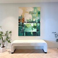 Peinture murale abstraite 3D moderne minimaliste en relief, faite à la main, tons verts texturés, sur toile, avec fonction de suspension, cadre en bois