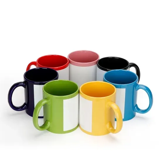 Colored sublimation blank mug with white printable square part for heat transfer printing