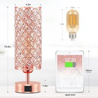 Lampe de table moderne en cristal à commande tactile à 3 niveaux de luminosité, LED 3500K blanc chaud, protection des yeux, rose gold, ports USB-C, ampoule incluse