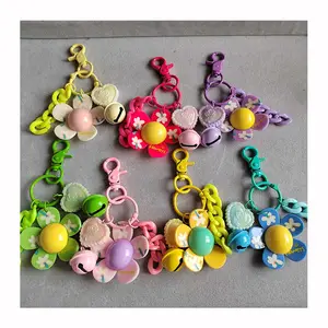 Cute Flower Keychain Big Round Rings Women Car Key Chains Small Bell Jewelry Accessories Kids School Bag Keyrings