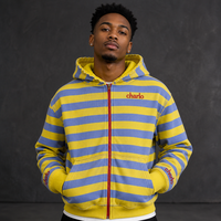 Sweat à capuche unisexe zippé à rayures color block bleu jaune, style streetwear, personnalisable OEM ODM, vente en gros, veste décontractée