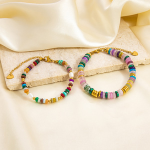 Niche Design Natural Stone <b>Colored</b> <b>Beaded</b> Bracelet Freshwater Pearl Stainless Steel Plated Gold Bracelet - Product Image 3