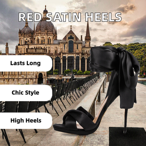 <span class=keywords><strong>Sandali</strong></span> Eleganti da Donna con Tacco Alto Sottile in <span class=keywords><strong>Raso</strong></span> Rosso e Nero, Scarpe Estive con Soletta Impermeabile in PU, Modello Avvolgente che Aumenta l'Altezza - Product Image 2