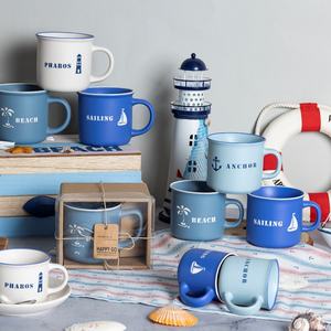 Anchor Sailing & Beach Pharos Designs Tazas de cerámica Juego de tazones para decoración costera del hogar Seguro para microondas con tapas para capuchino - Product Image 1