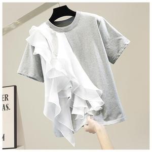 Big Ruffle Layered <b>Patchwork</b> Color-Crossing Pullover Women's Short Sleeve T-Shirt <b>Top</b> Fashion - Product Image 4