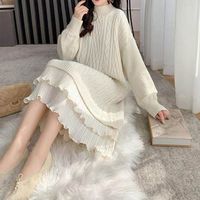 Robes pour femmes en vente, couleur unie, col mi-haut, chandails pour femmes, manches lanternes, automne hiver, robes longues