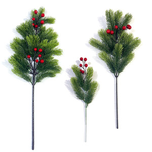 Rami di pino artificiale natale agrifoglio bacche artificiali bacche rosse steli per ghirlanda decorazioni albero di natale decorazione - Product Image 1