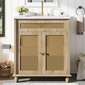 Mobile da Bagno da 30 Pollici con Ante in Rattan Intrecciato a Mano, Gambe in Legno Massello e Lavabo in Resina - Product Image 1