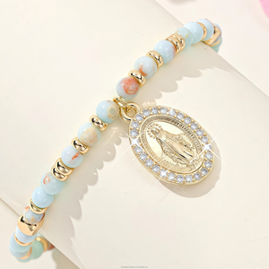 Bracciale <span class=keywords><strong>Rosario</strong></span> da Donna in Pietra Naturale Geometrica Religiosa San Juan Guadalupe Placcato Oro 14K con Perline - Regalo - Product Image 2