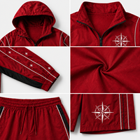 Ensemble court pour homme en nylon rouge, coupe-vent à capuche zippé avec passepoil contrastant et short de survêtement imprimé graphique, vente en gros personnalisée