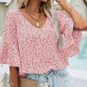 Camicetta estiva Bohe all'ingrosso con scollo a v camicetta floreale a fiori elegante manica arruffata camicie da donna <span class=keywords><strong>camicette</strong></span> e top - Product Image 3