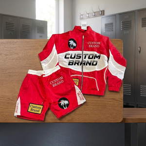 Conjunto Deportivo Personalizado de Marca, Color Rojo y Blanco, Chaqueta con Cremallera de Manga Larga, Pantalones Cortos, Estilo Deportivo, Ropa de Verano para Adultos - Product Image 6