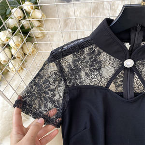 Customized Lace Panel Black <strong>Dress</strong> <strong>Women's</strong> Waist Split Wrap <strong>Funeral</strong> Black Lady <strong>Dress</strong> - Product Image 5