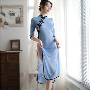 Lingerie Cheongsam <span class=keywords><strong>sexy</strong></span> grande taille, robe longue uniforme en maille transparente avec fente latérale, pour femme, vêtements intimes de désir pur - Product Image 2