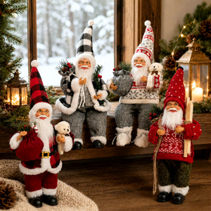 Muñeco de Santa Claus de tela tradicional con saco de regalo y rama de pino, decoración navideña para mesa, para exhibir en el hogar en la época festiva. - Product Image 1