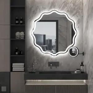 מראת LED לאמבטיה באיכות גבוהה עם מסגרת אלומיניום בעיצוב ייחודי ותכונה מוארת לבתי מלון וחדרים מודרניים