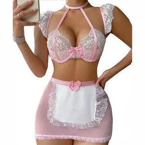 New Lace Maid Roleplay Costume 3 Pieces Set Stripper Naughty Cosplay Good Quality Valentine's Day Women Sexy Erotic Lingerie Set