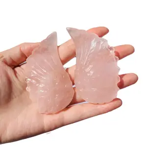 Wholesale natural rose quartz carved angel wings desktop decoration office crystal wings adornment