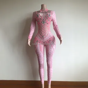 Novance-Y1014-B de moda para mujer, mono de una pieza con cremallera, rosa, perla brillante, Diamante Floral, para fiesta de cumpleaños, 2022
