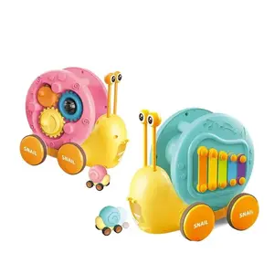 新产品4合1益智玩具可爱蜗牛拉绳钢琴木琴玩具齿轮弹射车