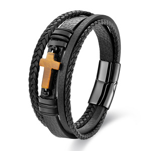 Bracciale <span class=keywords><strong>da</strong></span> <span class=keywords><strong>uomo</strong></span> in pelle nera intrecciata a doppio strato con croce in pietra naturale e acciaio inossidabile, multistrato - Product Image 6