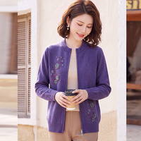 Cardigan en laine 100% tricoté sur mesure, pull-over à col rond pour femmes avec broderie florale, double fermeture éclair, ourlet côtelé, plusieurs couleurs, OEM