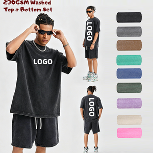 Ensemble de t-shirts et shorts en coton <span class=keywords><strong>pour</strong></span> hommes avec logo personnalisé, style vintage, lavage à l'acide, manches courtes, tenue décontractée, ensemble 2 pièces - Product Image 1