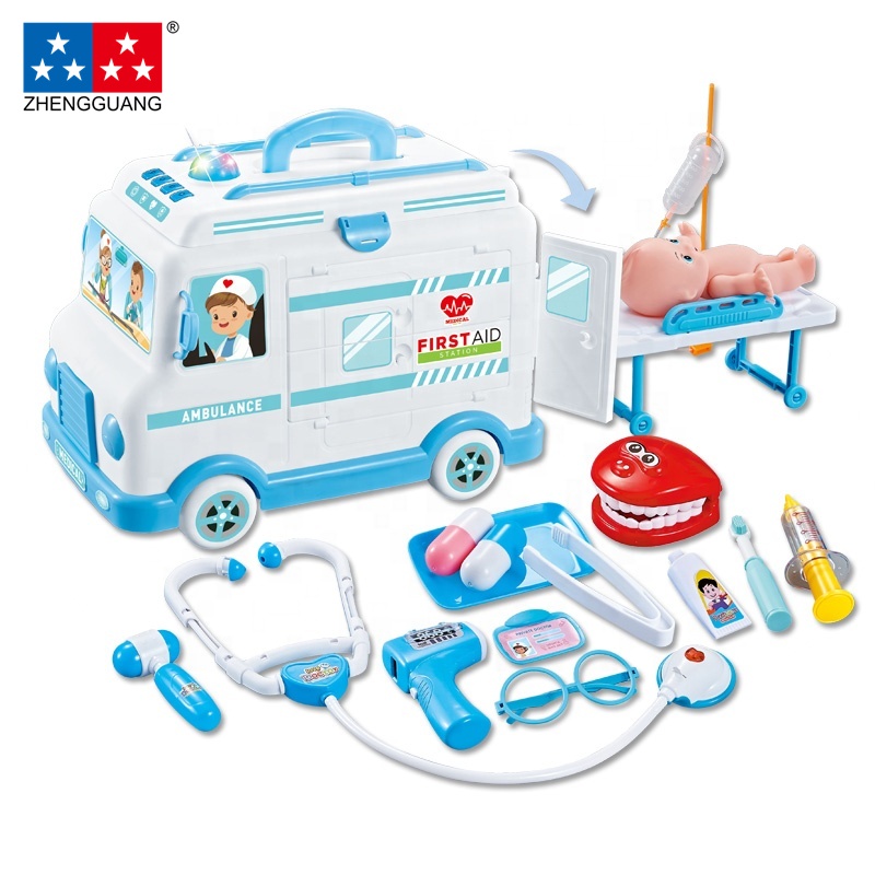 Игрушка-машинка скорой помощи Zhengguang, синяя универсальная игрушка-врач с музыкальным освещением во всех направлениях, медицинский набор, симулятор врача, набор игрушек для детей