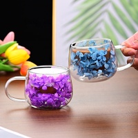 Cangkir Mug teh kopi susu Mini kaca borosilikat tinggi lapisan ganda bunga kering ditiup tangan pesta pernikahan dengan pegangan