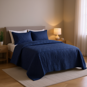 Set Copriletto Trapuntato Navy Queen 3 Pezzi, Coperta Plissettata con Motivo Solido, 100% Poliestere per Camera da Letto - Product Image 2