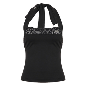 เสื้อสายเดี่ยวคอ halter ผ้าถักระบายอากาศสีพื้นเรียบง่าย แต่งลูกไม้ สำหรับผู้หญิง สไตล์ลำลอง ใส่ได้ในฤดูร้อน - Product Image 6