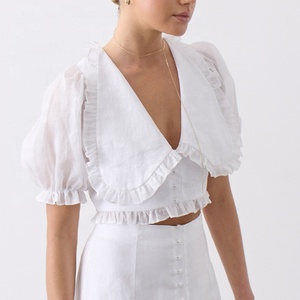 Blusa entallada de lino para mujer con cuello redondo y decoración de botones, blusas y tops tejidos de verano - Product Image 6