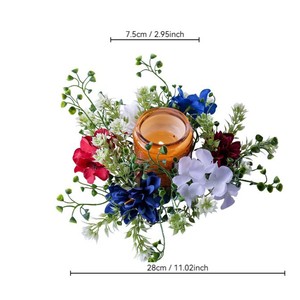 Couronne de fleurs artificielles multicolores avec des fleurs bleues, rouges et blanches, verdure florale pour la décoration de centre de table - Product Image 6