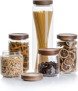 Pot de conservation alimentaire en verre borosilicate de haute qualité avec couvercles hermétiques en acacia, récipient de rangement pour la cuisine - Product Image 1